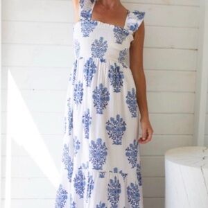 Marea by Liz Joy Sasco Ruffle Blue & White Floral Block Print Maxi Dress- M